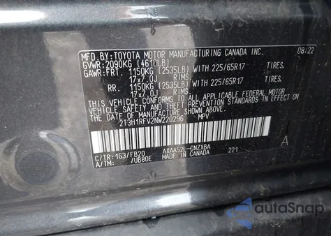 2022 Toyota Rav4 Le z USA, uszkodzony, nr VIN 2T3H1RFV2NW220296